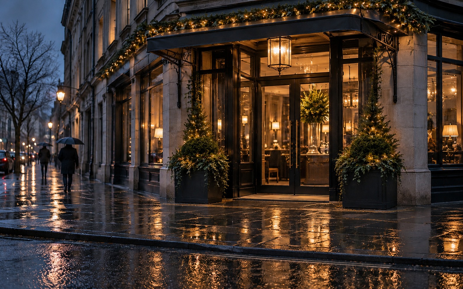 A corner commercial entrance with warm white fascia lights and greenery on a wet evening