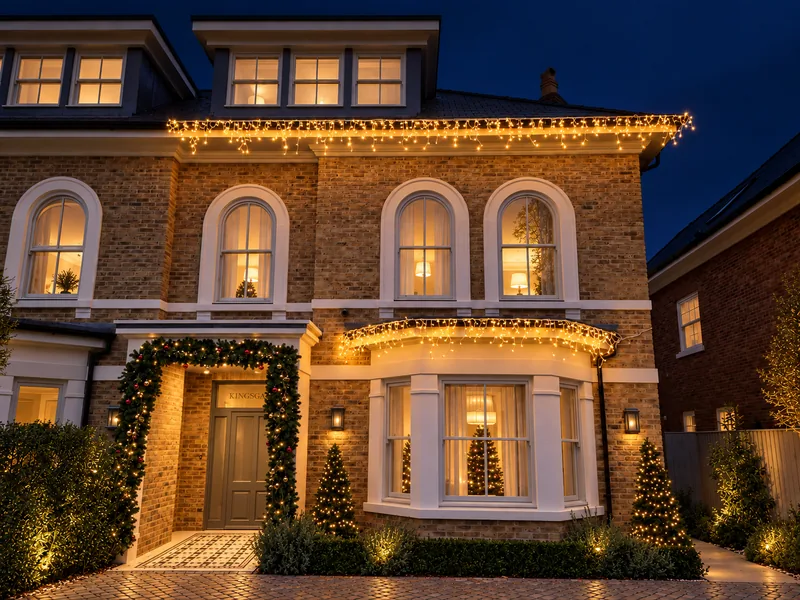 The same Esher house at dusk with warm white lights along the eaves, windows and entrance