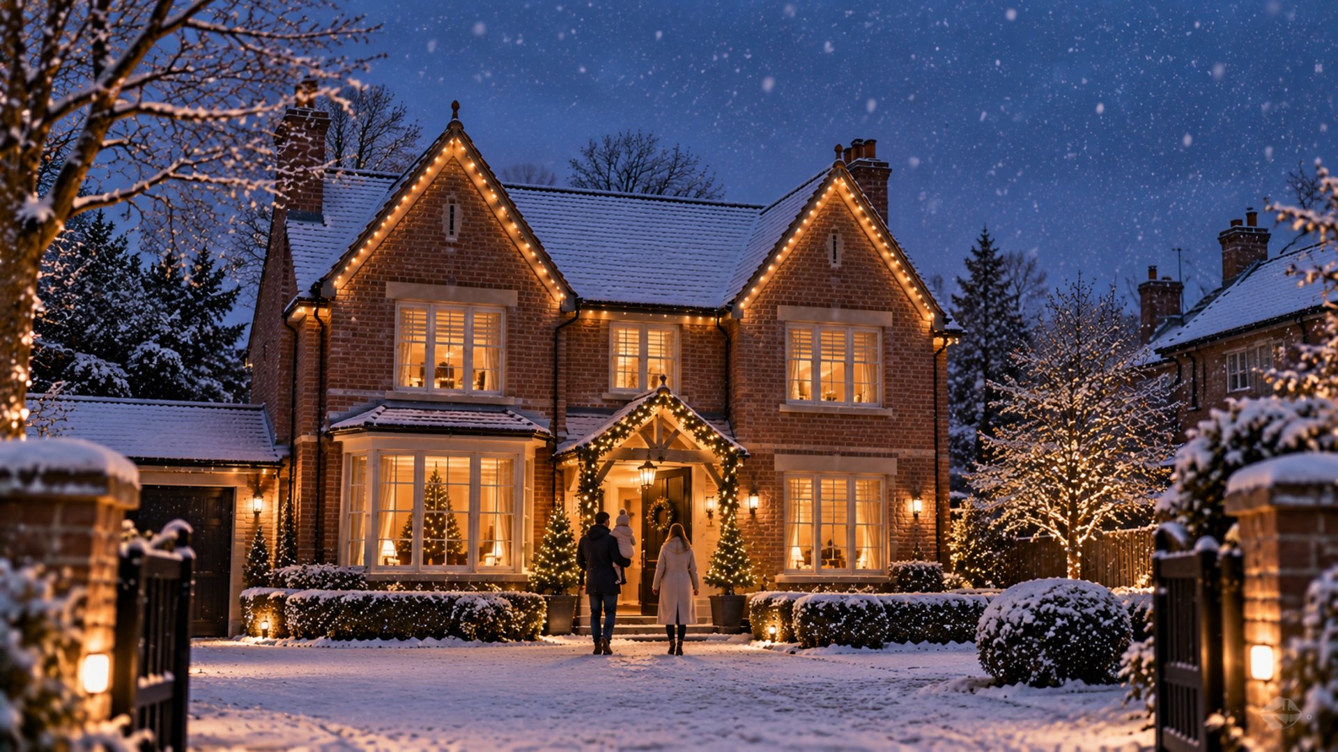 A British home at dusk with its roofline, trees and porch lit in warm amber Christmas lights