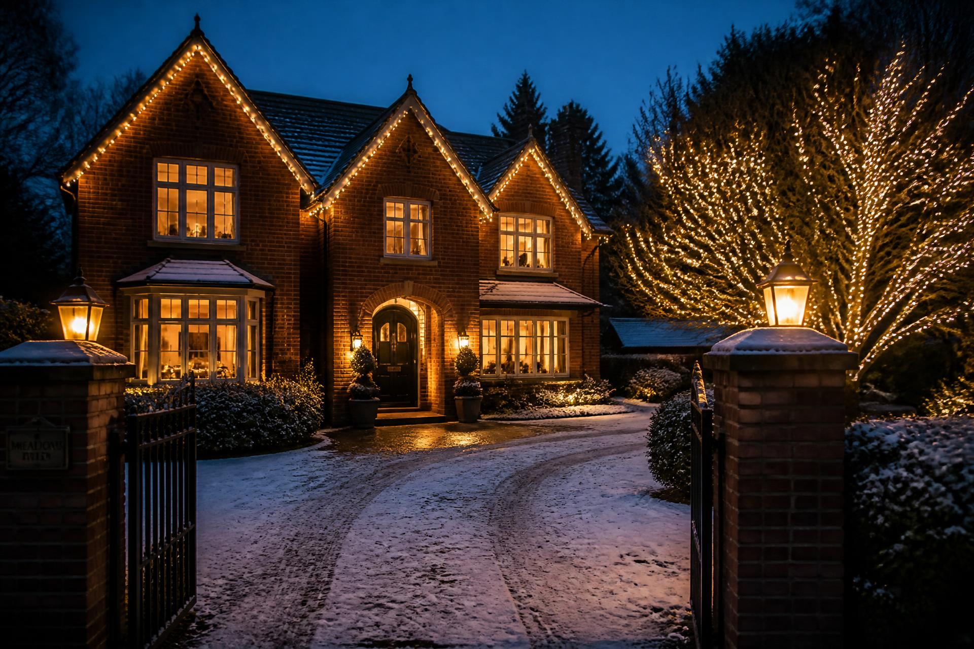 A British home at dusk with its roofline, trees and porch lit in warm amber Christmas lights