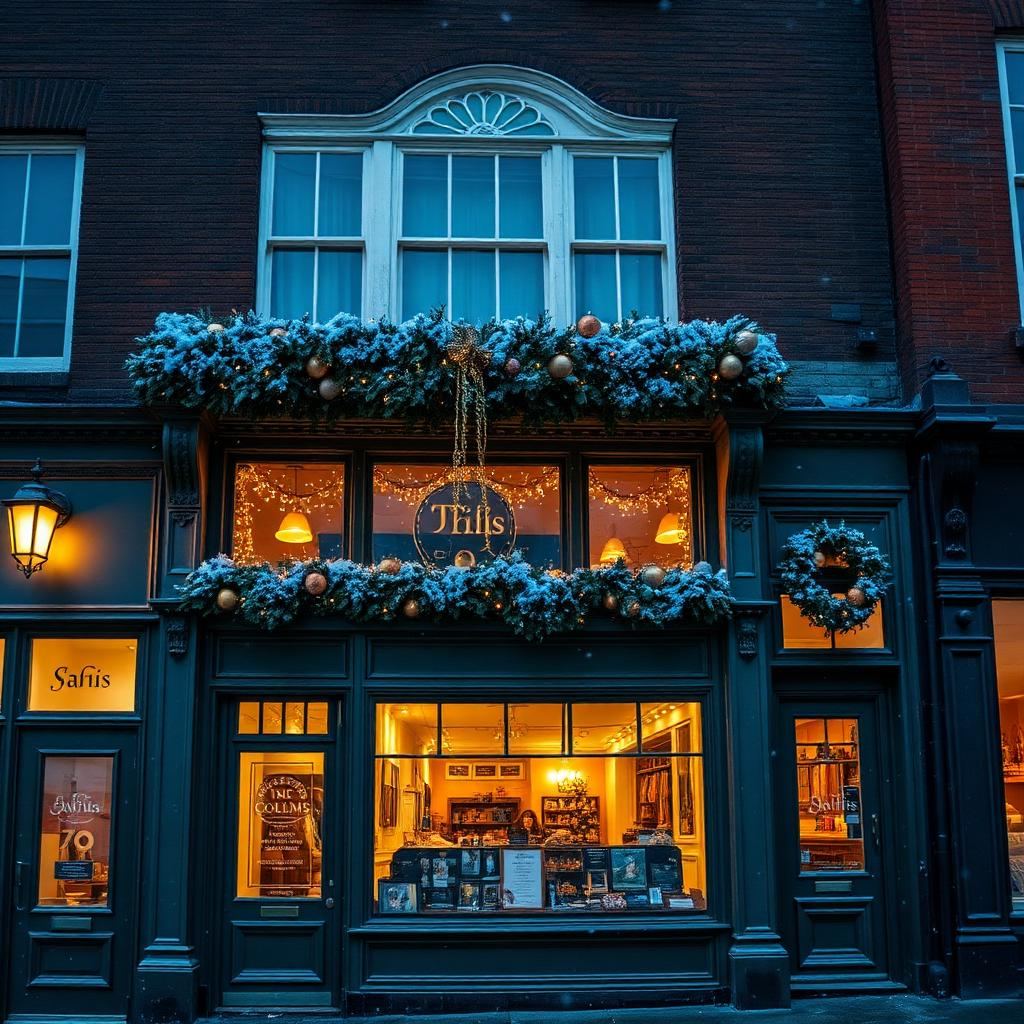 A British high street shopfront decorated with festoon lights and garland at dusk